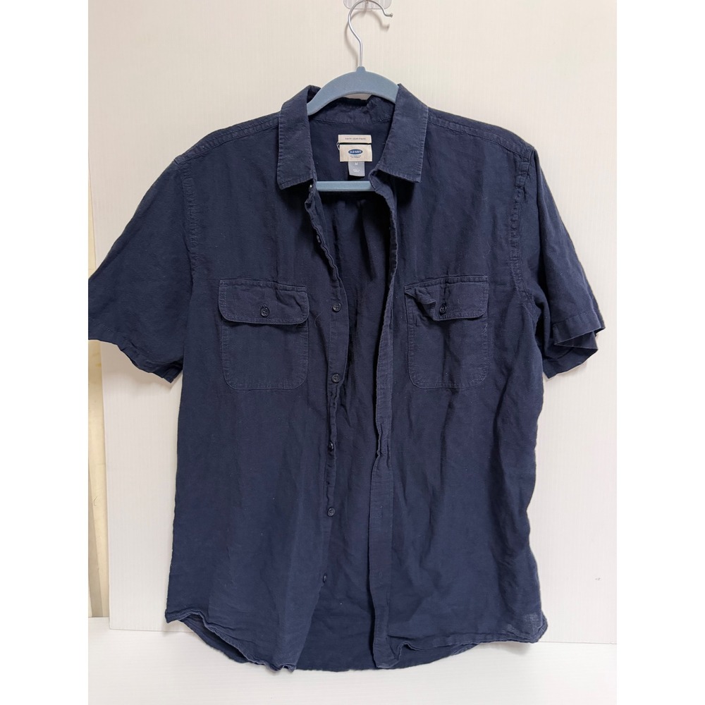 Old Navy Mens Navy Blue Linen Blend Slim Fit Short Sleeve Button Down Shirt M